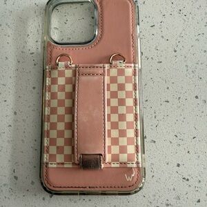 Elegant Pink and Cream Checkered Phone Case with Strap